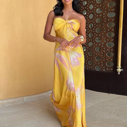 Yellow Boho Halter Satin Dress