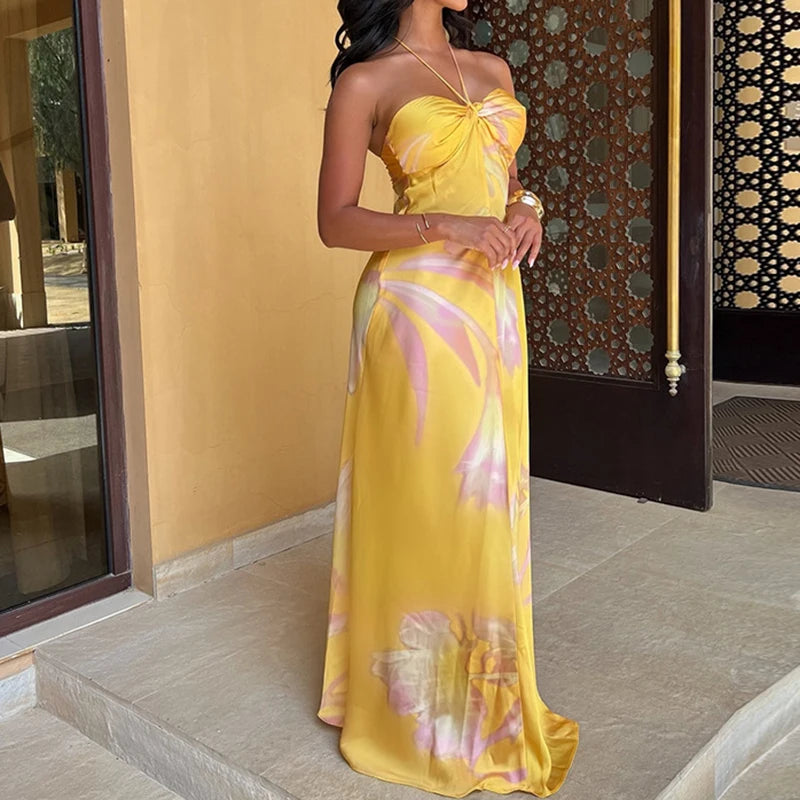 Yellow Boho Halter Satin Dress