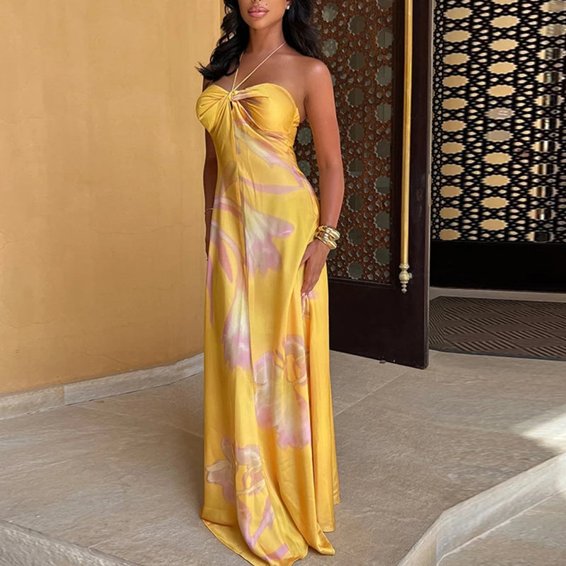 Yellow Boho Halter Satin Dress