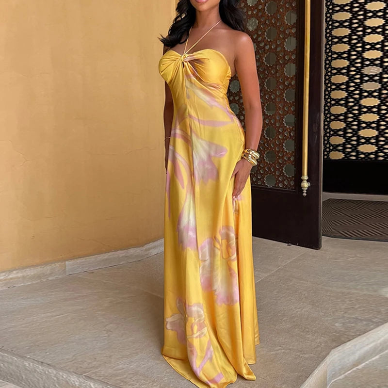 Yellow Boho Halter Satin Dress