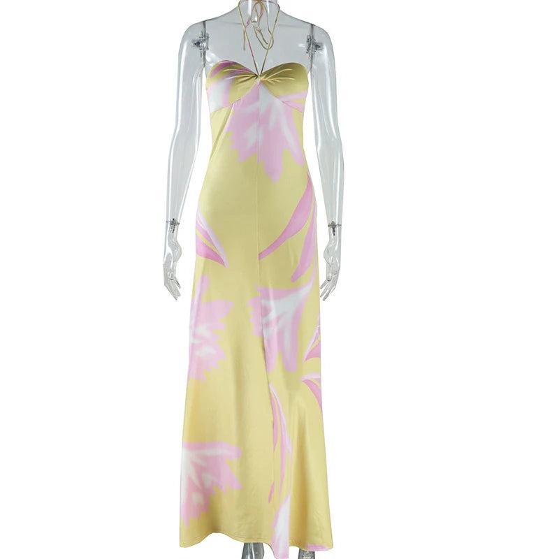 Yellow Boho Halter Satin Dress