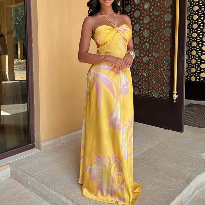 Yellow Boho Halter Satin Dress